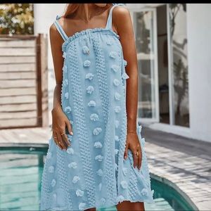 Waterfall Blue Appliqué Flowers Tie Strap Loose Babydoll Halter Ruffle Dress